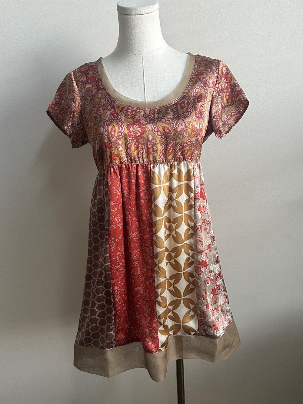 Garnet Hill 100% Silk Patchwork Mini Dress Tunic Top XS Fairy Boho Lagenlook